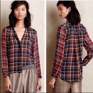 Anthro Maeve Plaid Sheer Long Sleeve Button Down